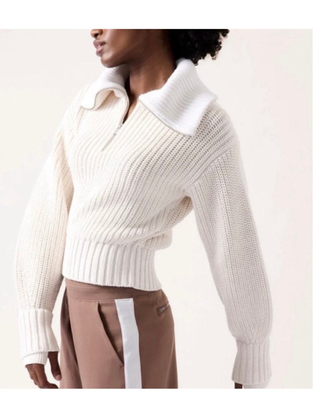 Athleta Alder 1/4 Zip Chunky Knit Sweater Cream M Cowl Neck Minimalist Cozy EUC
